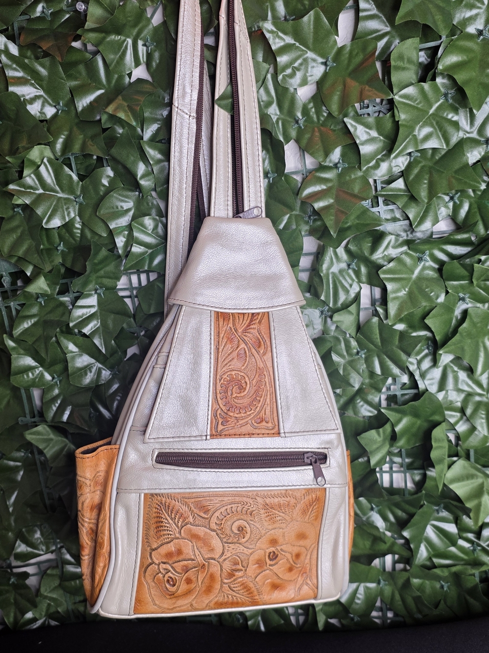 Handcrafted Two-Tone Leather Crossbody Bag - Taupe & Tan